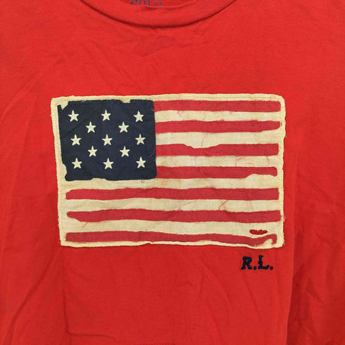 ポロラルフローレン POLO RALPH LAUREN 星条旗 フリンジ ワッペン 刺繍 クロップド リメイク クルーネック S/S Tシャツ レディース import:XL